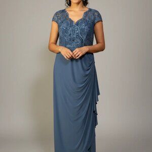 Alex Evenings Vintage Blue Sequin Embroidered Ruched Gown Dress Size 16